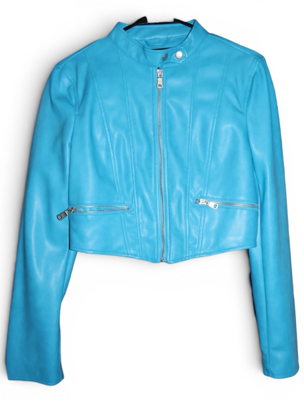 7 For All Mankind Cropped Blue Faux Leather Moto Jacket - Small NWOT